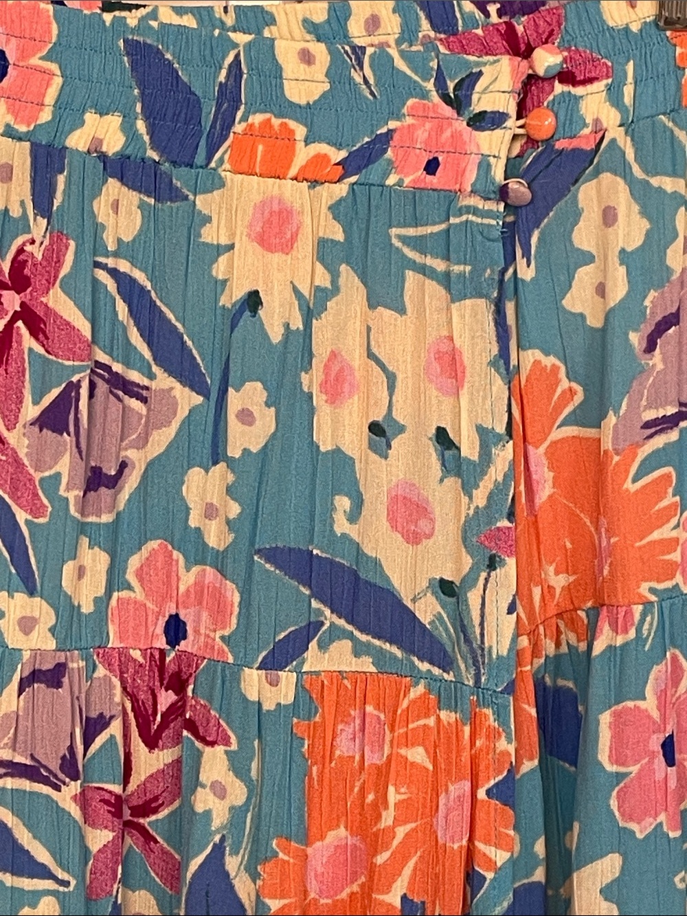 Promesa- Blue Floral Maxi Wrap Skirt with Orange & Pink Blooms various sizes - Picture 6 of 9